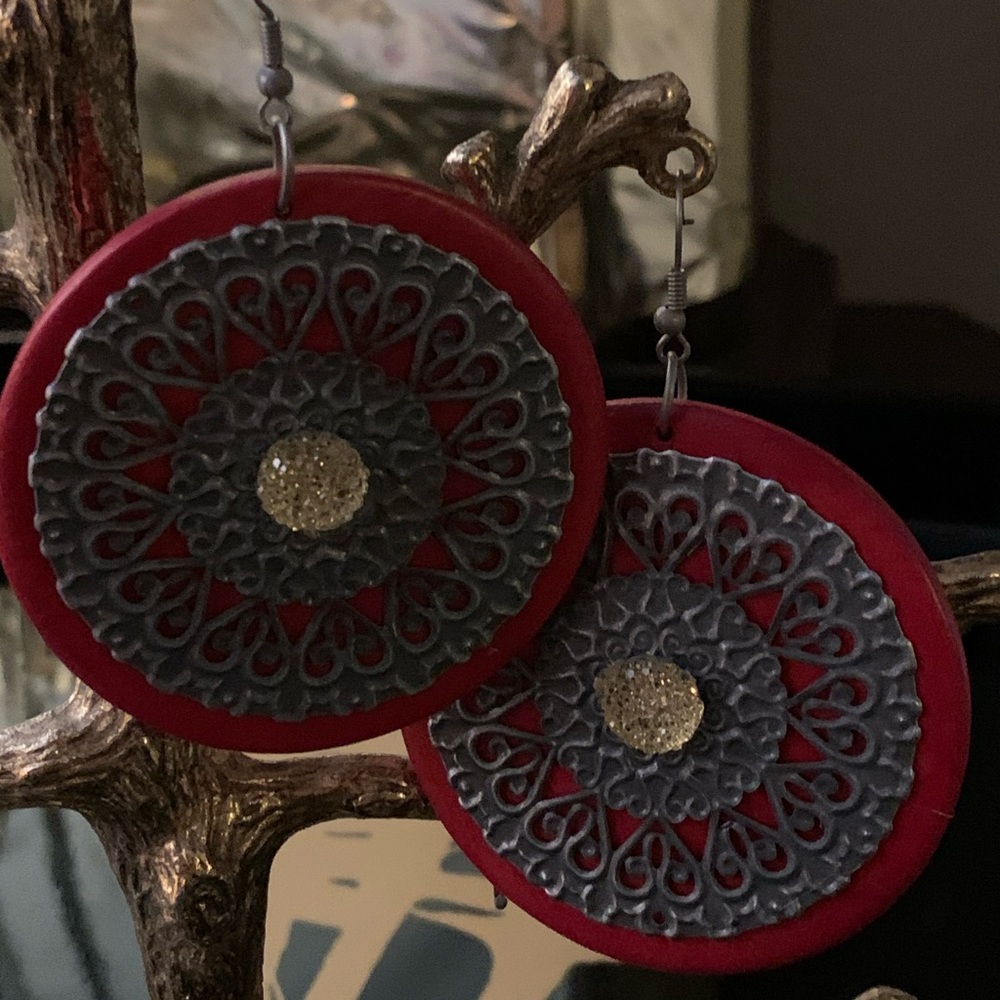 Large Red Medallion Earrings